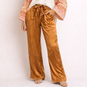 Scandal Italy Satin Pants Paperbag Waist Tie Belt Gold Bronze Large